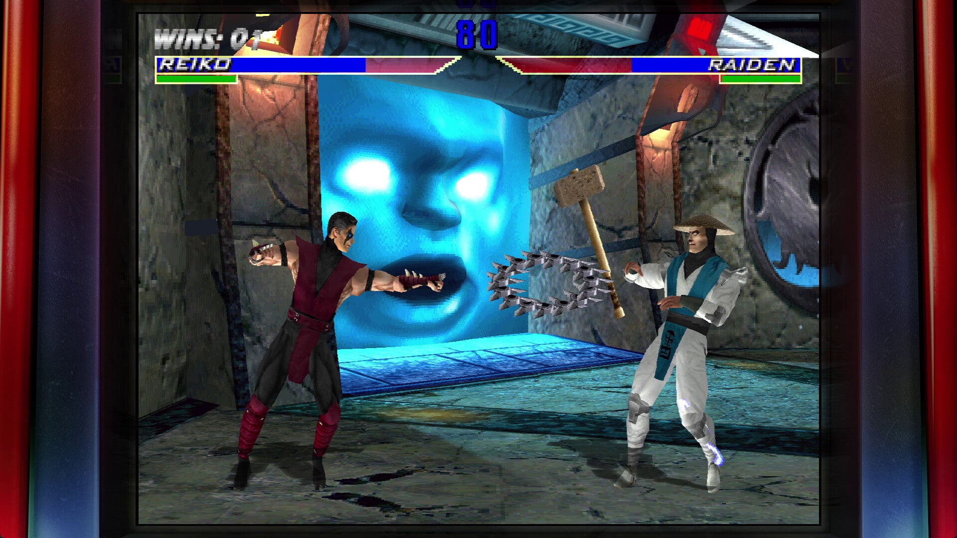 Two characters in a fighting game with a blue glowing face in the background