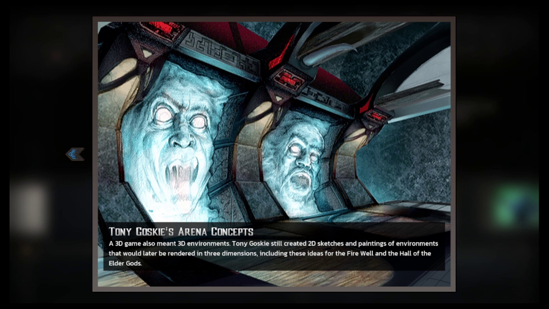 Artistic depiction of a futuristic interior with glowing blue faces, labeled 'Tony Gookie's Arena Concepts'.