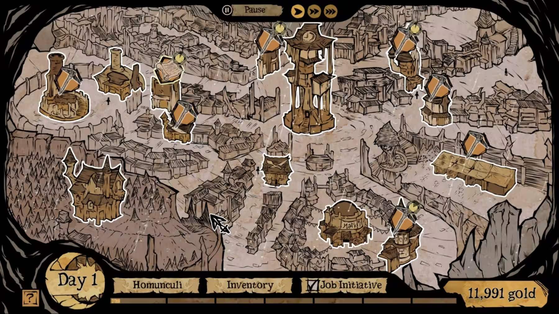 Game interface showing a map with various locations and resources.