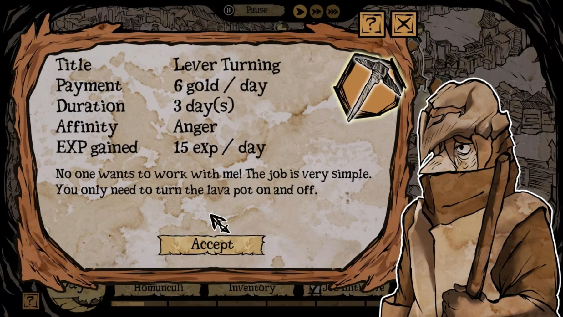 A screenshot of a video game interface showing a job offer titled 'Lever Turning' with payment, duration, affinity, and description text on a parchment-style panel, alongside an illustrated character on the right.