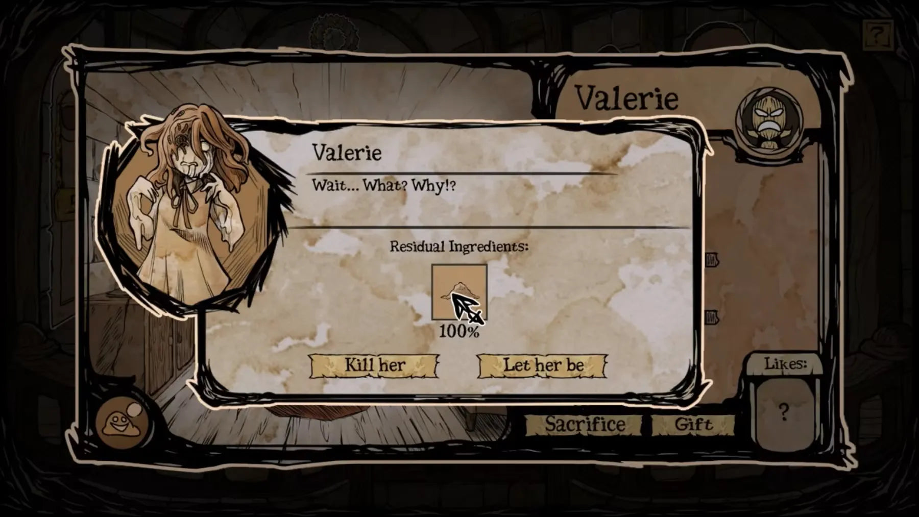 A screenshot from a dark, gothic video game or interactive story interface showing a character named Valerie with an illustrated portrait and dialogue options including 'Kill her' and 'Let her be'.