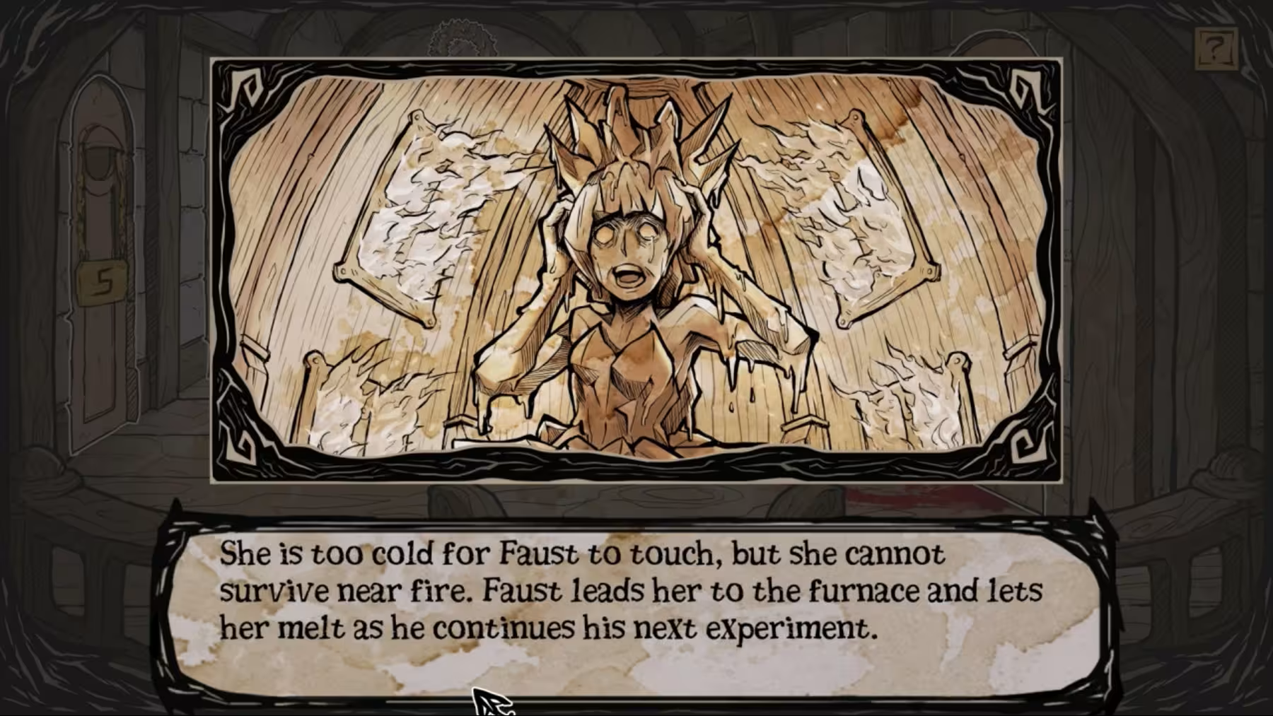 A framed fantasy illustration on a dark background, showing a fiery-haired female figure in a melting stone-like form with text below describing an experiment in a furnace.