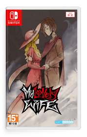 Nintendo Switch game case for 'My Lovely Wife' in Chinese, featuring anime-style artwork of a blonde woman in a pink dress and hat holding hands with a man in a brown coat against a smoky gray background.