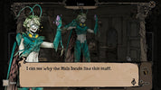 A dark fantasy illustration showing a winged purple demon-like figure facing a person in a dim room, with a dialogue box at the bottom reading '.