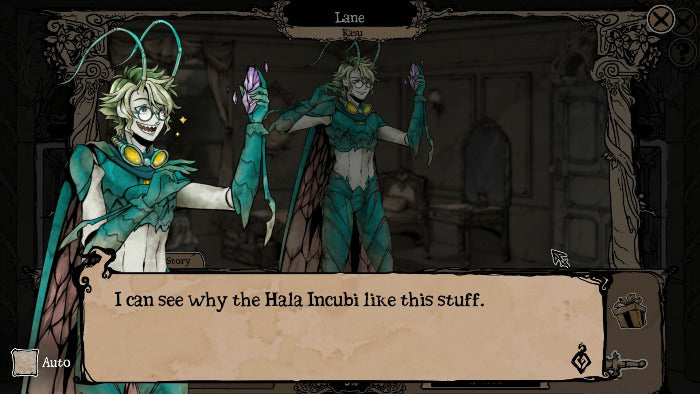A dark fantasy illustration showing a winged purple demon-like figure facing a person in a dim room, with a dialogue box at the bottom reading '.