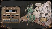 A dark fantasy-themed game or story interface showing a character with green skin and purple markings, alongside text boxes reading 'What should I call him?', 'Uh.