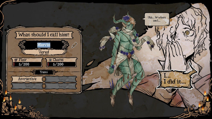 A dark fantasy-themed game or story interface showing a character with green skin and purple markings, alongside text boxes reading 'What should I call him?', 'Uh.