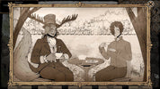 A sepia-toned illustrated scene framed by an ornate border, showing two people seated at a small table with teacups in an outdoor setting. The left figure wears a top hat and antler-like headpiece, and the right figure has dark curly hair.