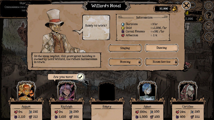 Game interface showing Willard's Hotel with character options and stats.