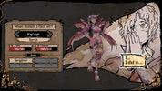 Character selection screen with a fantasy character and dialogue options in a dark, rustic setting.