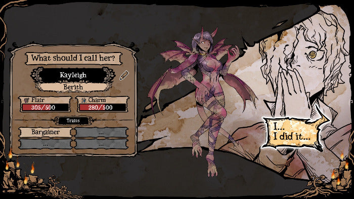 Character selection screen with a fantasy character and dialogue options in a dark, rustic setting.