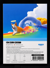 Back cover of the Shingae & C DreamMotion Tsumego 2024 Blu-ray disc, featuring a colorful illustration of a corgi dog on a rainbow with a blue sky and white clouds in the background.