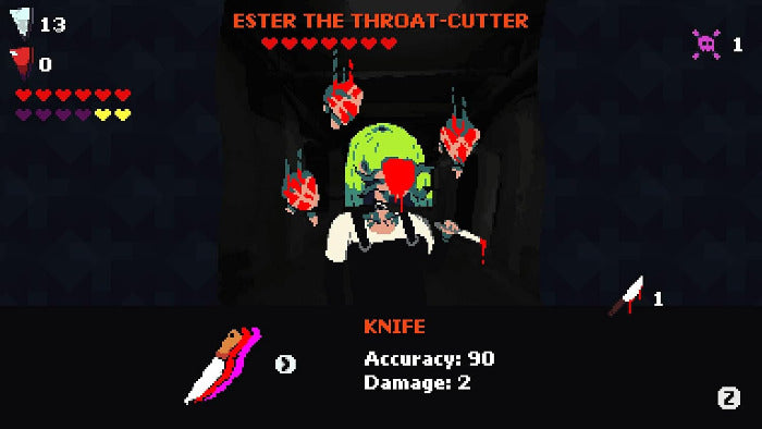 Pixel-art game scene showing a character in a dark corridor with floating red severed heads, a green head above, and a black UI bar at the bottom with the text 'KNIFE' and stats. This is not a clean product photo, not a lifestyle scene, and not an auxiliary chart or instruction image, so subject_type is Other.