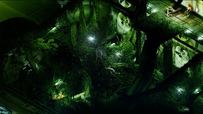 Dark, futuristic interior with green lighting and mechanical elements