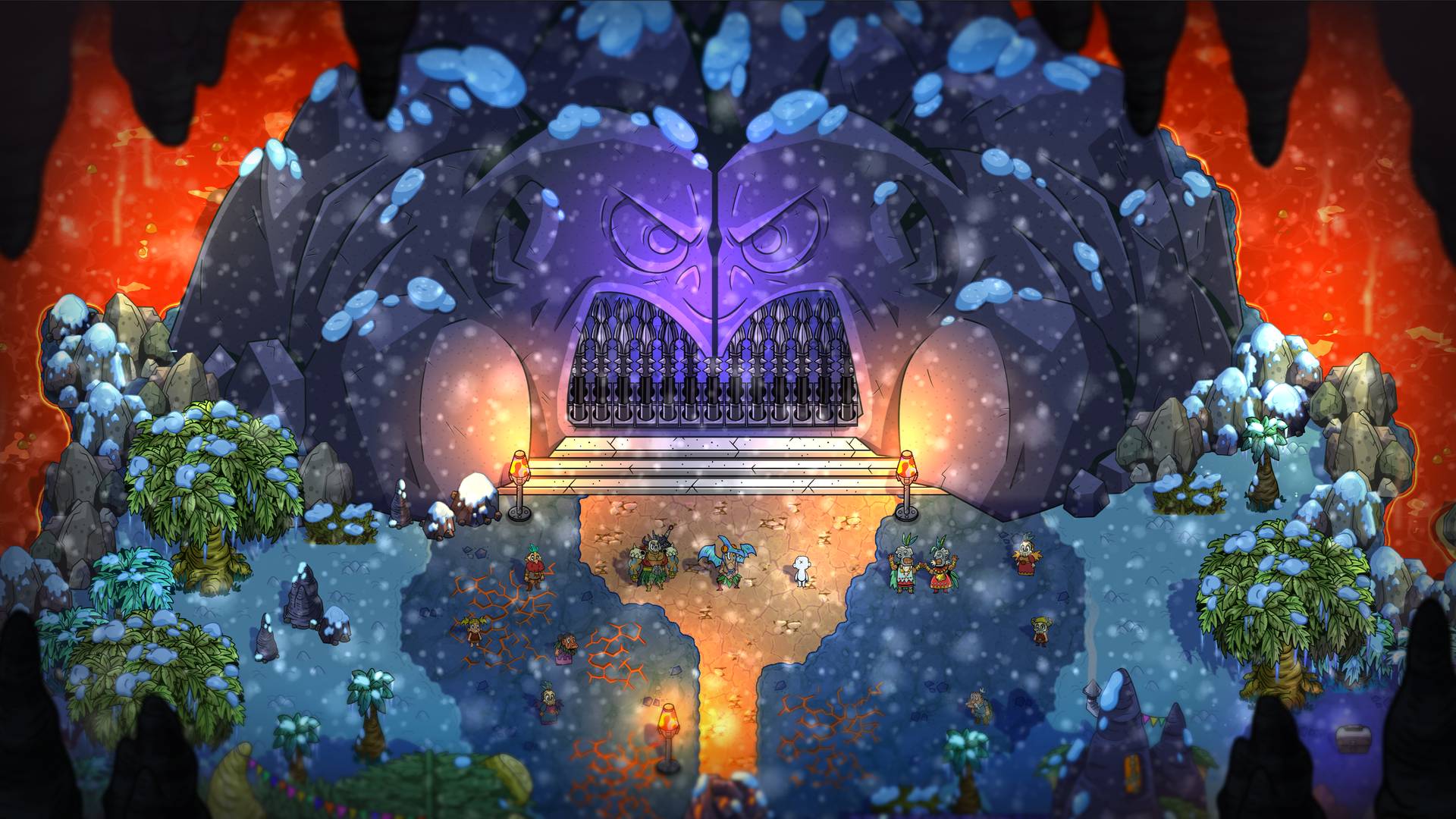 Fantasy scene with a large, menacing creature in a snowy landscape