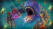 A colorful fantasy map or game scene featuring a large purple whale-like creature with an open mouth, surrounded by rocky islands, glowing lights, and small characters in blue water.