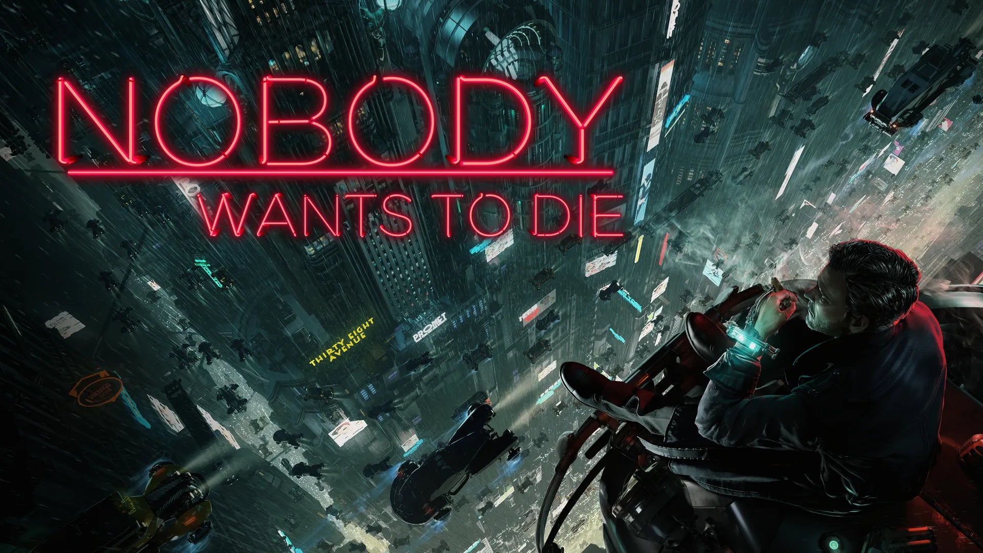 Promotional image for 'Nobody Wants to Die' with a futuristic cityscape and neon text.