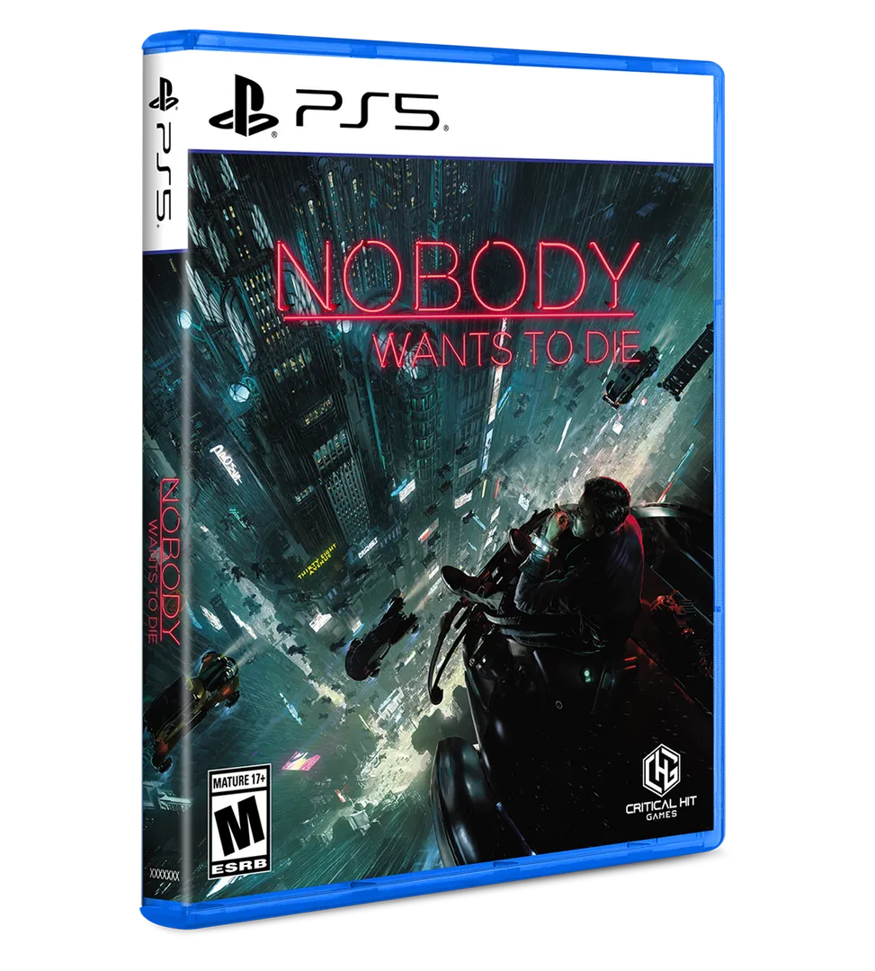 Game box for 'Nobody Wants to Die' on PS5 with a cityscape and motorcycle scene.