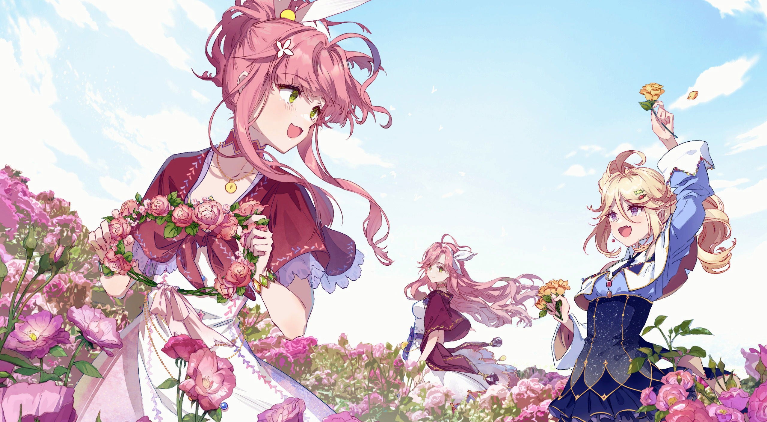 Three animated characters with pink hair and floral attire in a garden setting.