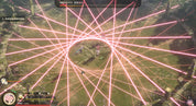 Game screen showing a character surrounded by pink energy beams on a grassy field.