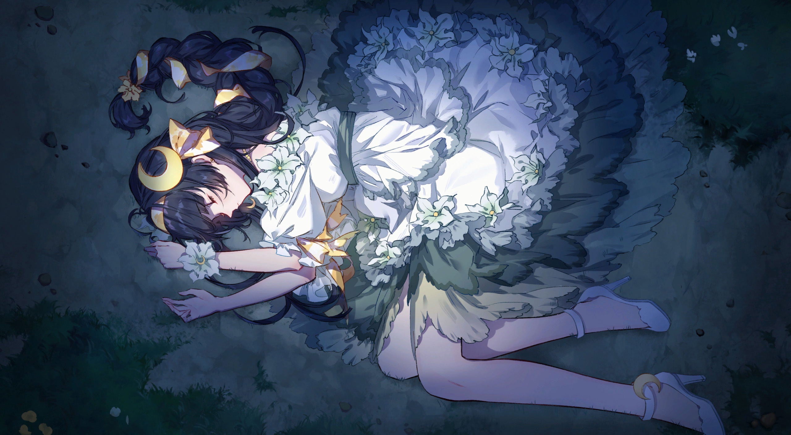 Two animated characters lying on the ground with flowers and candles around them, set against a dark background.