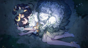 Two animated characters lying on the ground with flowers and candles around them, set against a dark background.