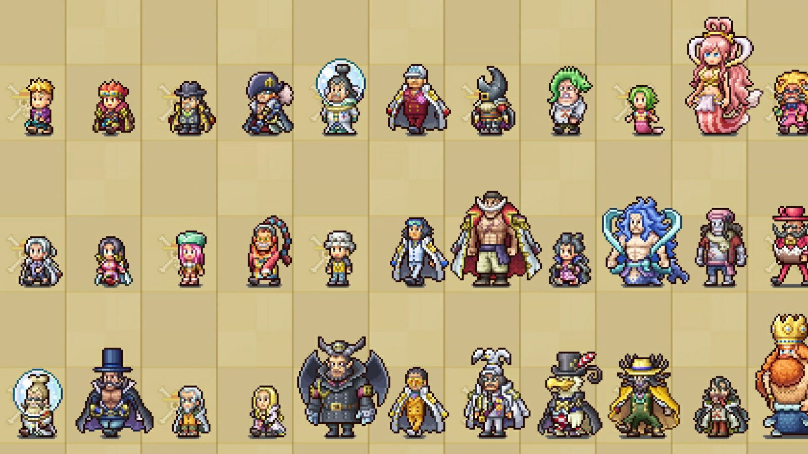 Collection of pixel art characters arranged in a grid on a beige background