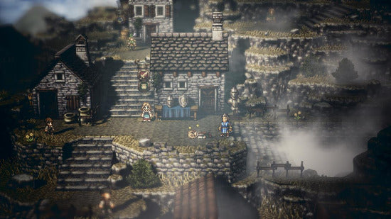 A pixel-art fantasy village scene with stone buildings, stairs, characters standing outside a central inn-like structure, and misty atmospheric background.