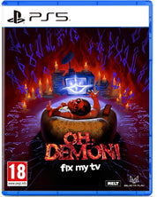 PS5 game case for 'Oh, Demon! Fix My TV' featuring a dark red and purple horror illustration with a character in a bathtub, PS5 branding at the top, and PEGI 18 and Melt logos at the bottom.