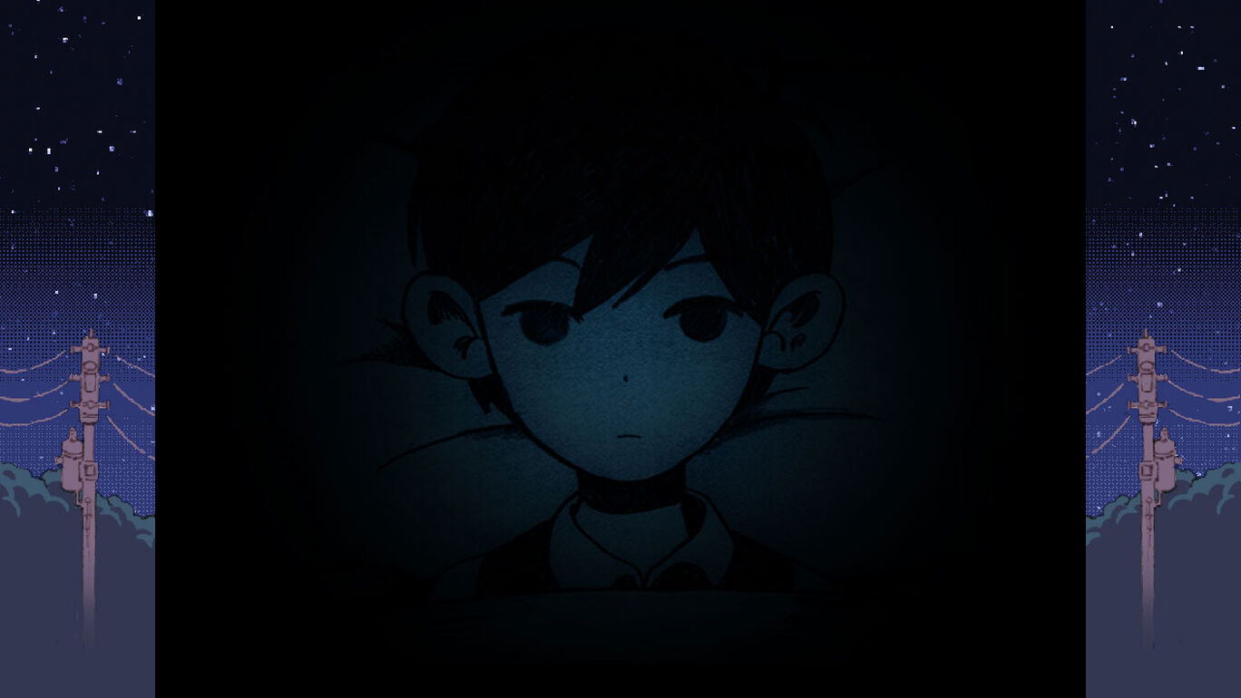 Animated character with a dark blue hue against a night sky with stars and power lines.