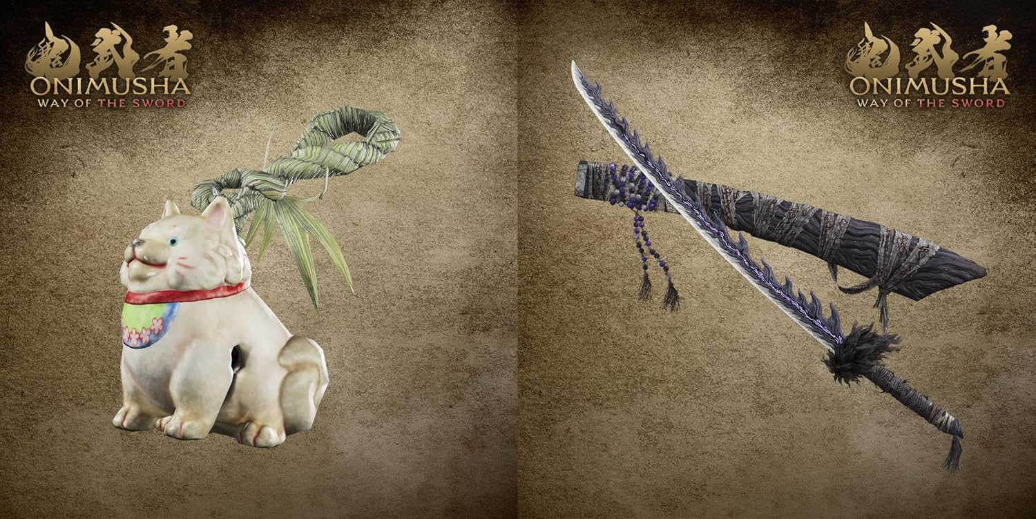Onimusha figurine and sword on a textured brown background with Onimusha logo.
