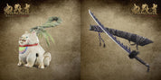 Onimusha figurine and sword on a textured brown background with Onimusha logo.