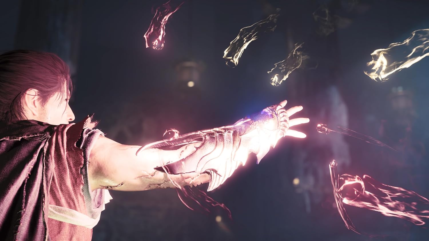 A dramatic scene showing a person in a dark cloak extending their arm toward glowing floating energy effects in a dim, atmospheric environment.