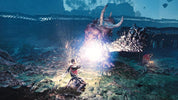 A dramatic fantasy battle scene showing a warrior casting a bright glowing spell while facing a large horned monster in a dark, rocky outdoor environment.
