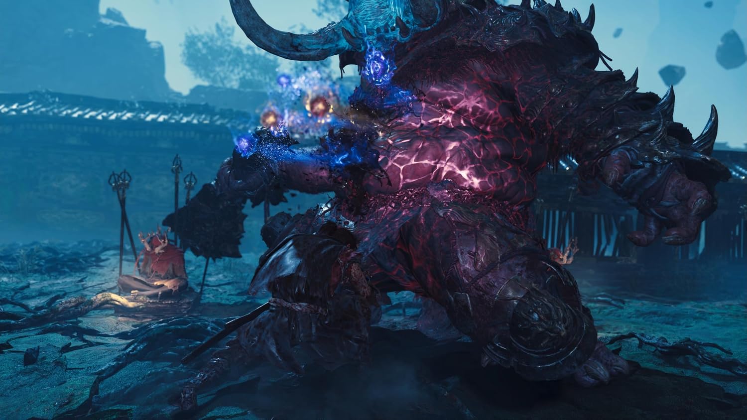 A dramatic fantasy scene showing a large dark, horned monster or creature in a ruined icy landscape, with glowing blue and purple energy effects and a small figure nearby.
