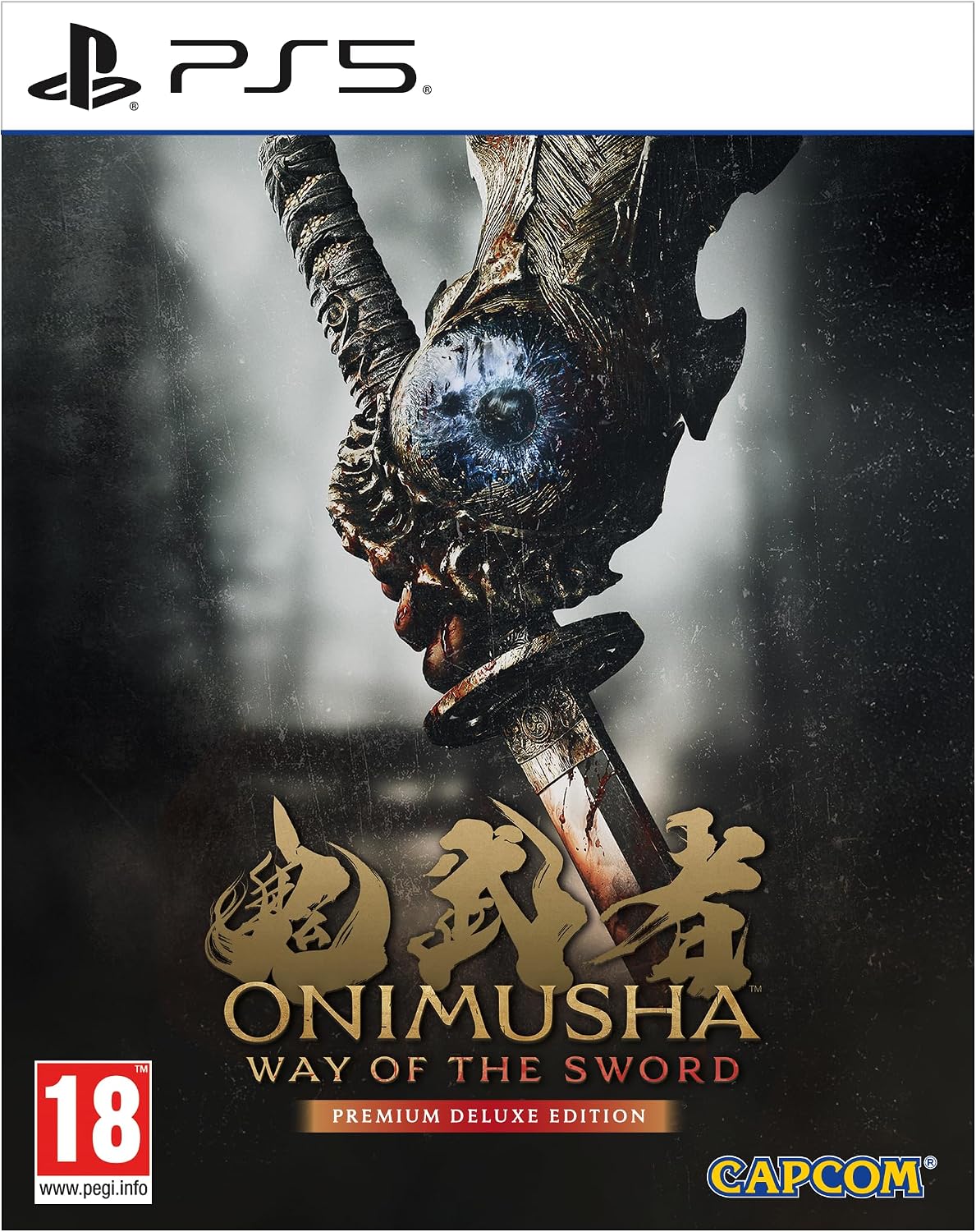 PS5 game cover for Onimusha: Way of the Sword Premium Deluxe Edition, featuring a dark ornate sword hilt with a blue eye-like gem, gold title text, Capcom logo, and PlayStation 5 branding.