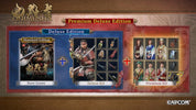 Promotional graphic for the Onimusha Way of Legends Premium Deluxe Edition, showing the base game, deluxe kit, and premium kit contents on a stylized red and gold background. A Capcom logo is visible in the bottom right corner.