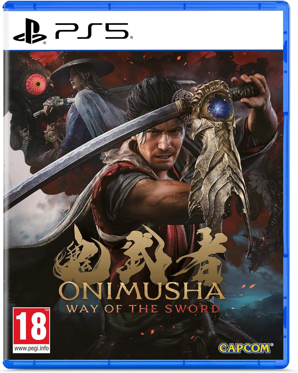 PS5 game case for Onimusha: Way of the Sword, featuring cover art with a samurai holding a sword, a red PEGI 18 rating logo, PlayStation 5 branding, and Capcom branding.