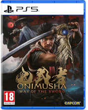 PS5 game case for Onimusha: Way of the Sword, featuring cover art with a samurai holding a sword, a red PEGI 18 rating logo, PlayStation 5 branding, and Capcom branding.