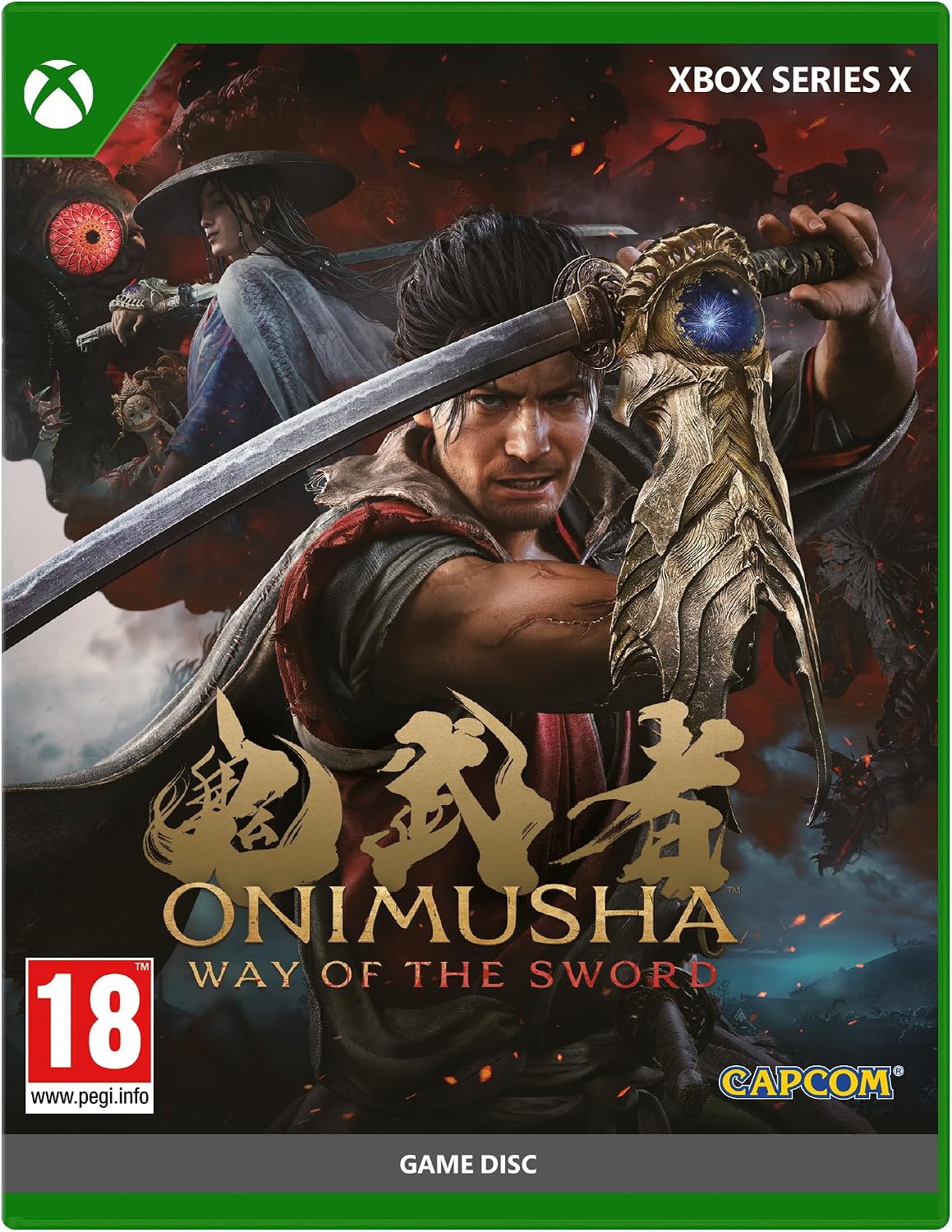 Front cover art for the Xbox Series X version of the video game Onimusha: Way of the Sword, showing a samurai warrior holding a large sword with a blue gem in the hilt. The cover includes Xbox branding, the game title, PEGI 18 rating, and the Capcom logo.
