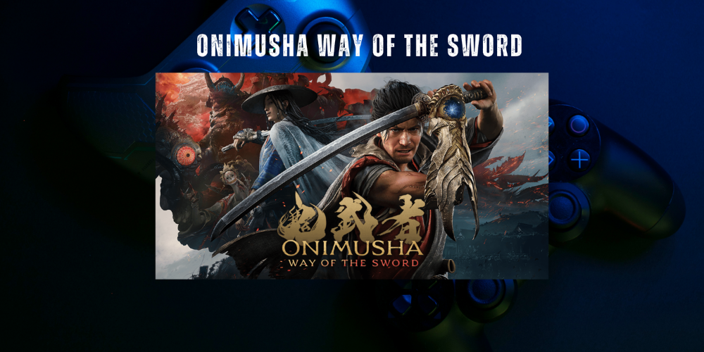 Promotional graphic for the video game Onimusha: Way of the Sword, showing the game cover art centered over a dark blue background with a PlayStation controller partially visible behind it. The text 'ONIMUSHA WAY OF THE SWORD' appears at the top.