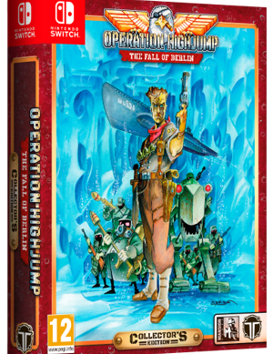 Nintendo Switch Collector's Edition board game box for Operation: High Jump - The Fall of Belnex, featuring illustrated cover art with a central character in a brown outfit against a bright blue icy background, with red border framing and game branding visible.
