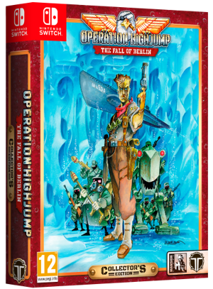 Nintendo Switch Collector's Edition board game box for Operation: High Jump - The Fall of Belnex, featuring illustrated cover art with a central character in a brown outfit against a bright blue icy background, with red border framing and game branding visible.