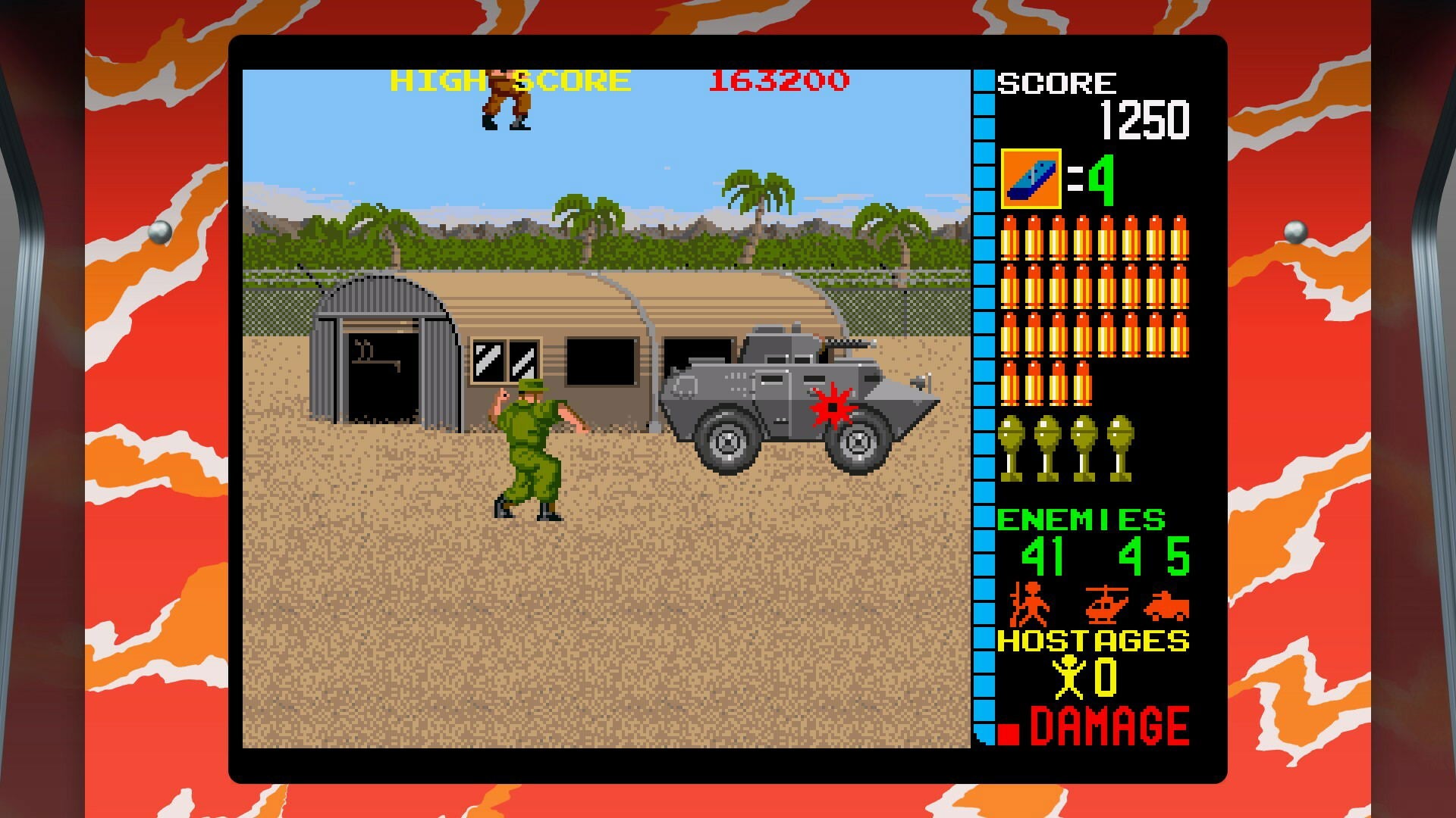Vintage video game screen with a military-themed scenario on a red and orange abstract background.