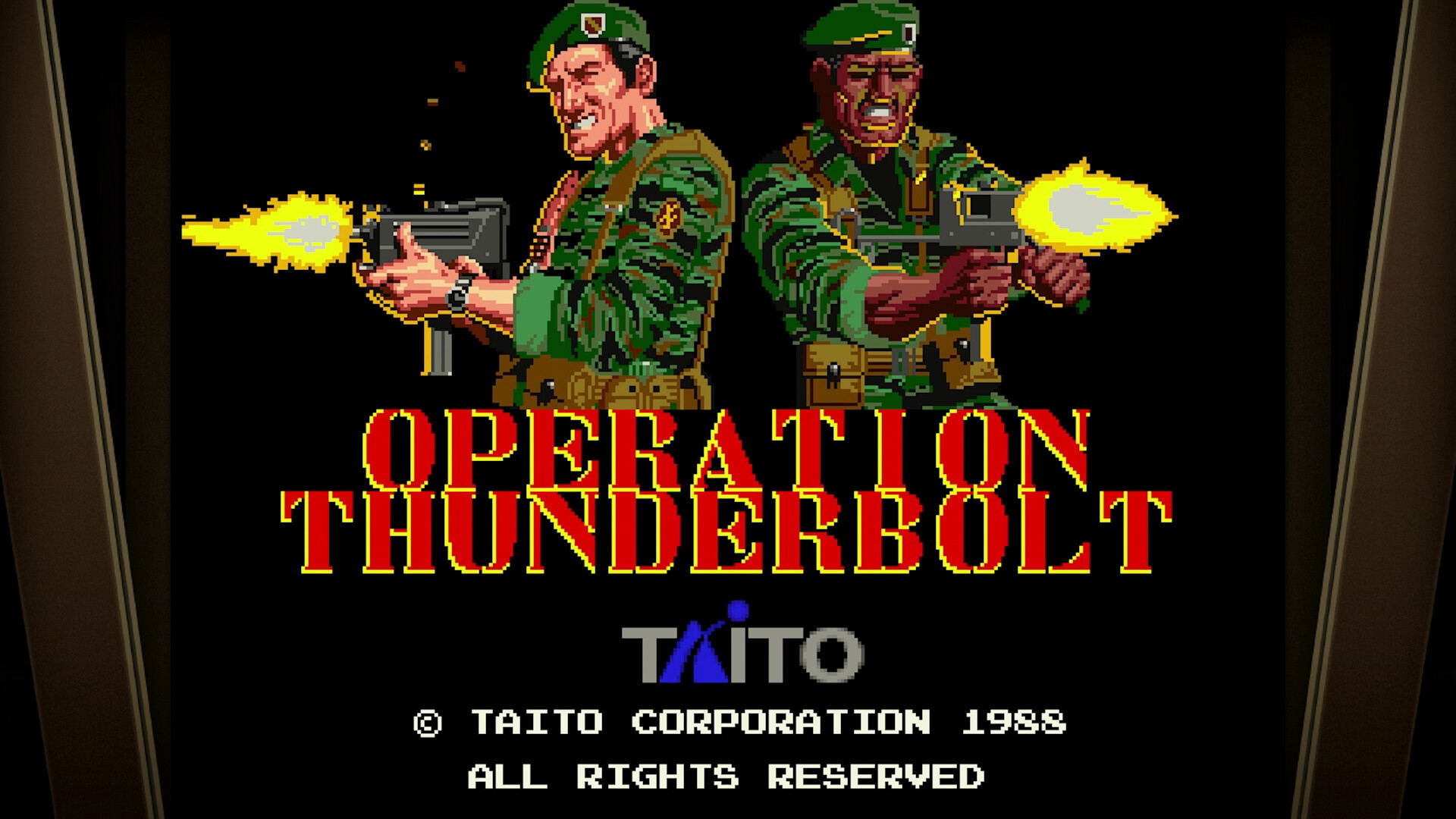 Title screen of 'Operation Thunderbolt' video game with two soldiers and Taito logo.