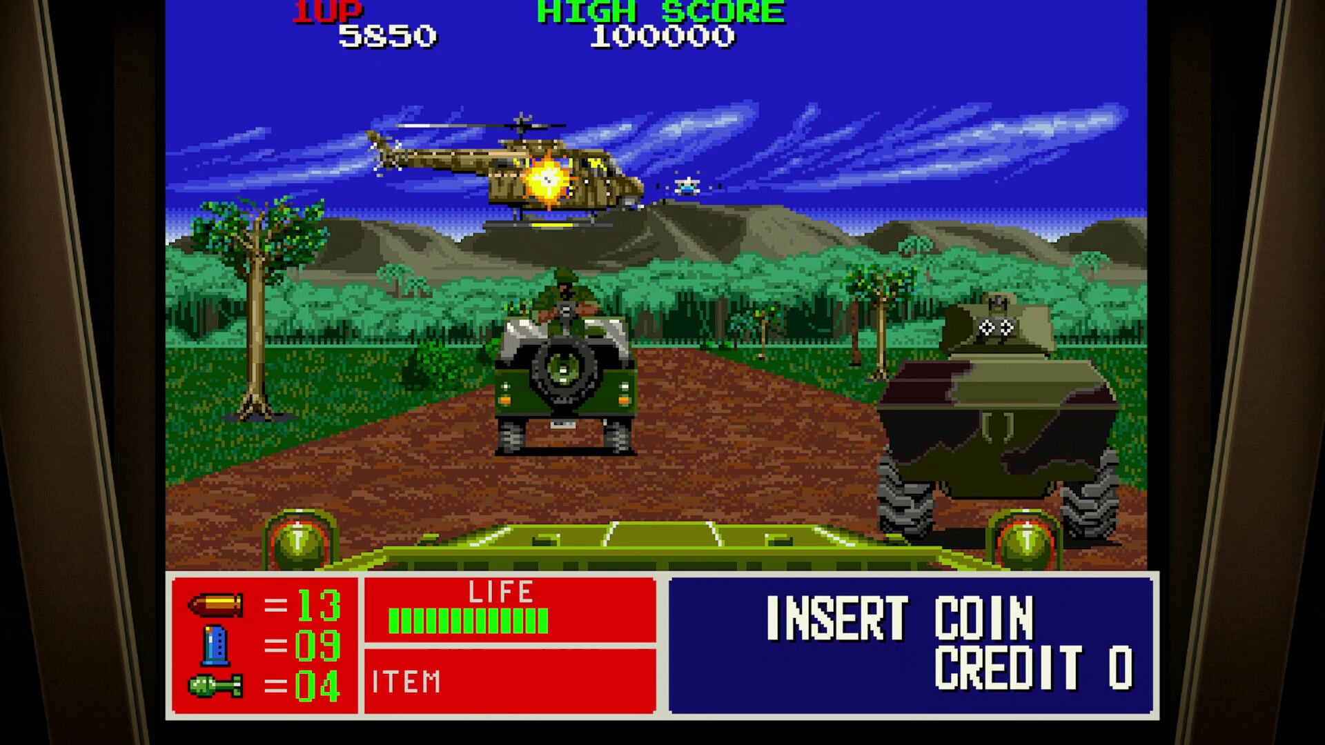 Vintage video game screen with military-themed graphics and coin insertion prompt.