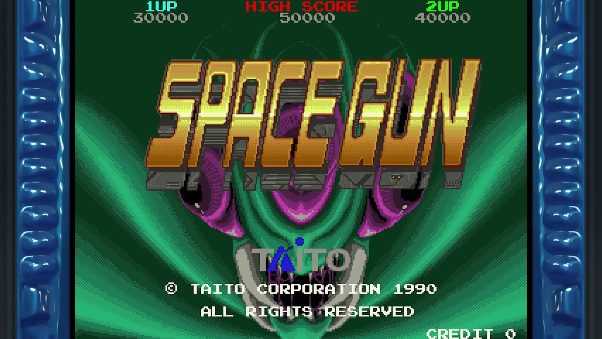 Vintage video game screen with 'Space Gun' title and Taito logo, featuring a retro design.