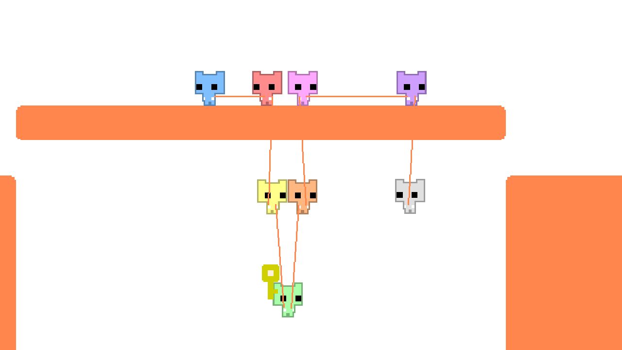 Colorful cartoon characters hanging from a string with an orange background