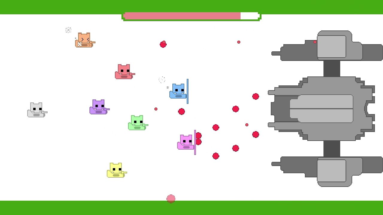 Pixel art scene with colorful cats and a large gray machine-like object.