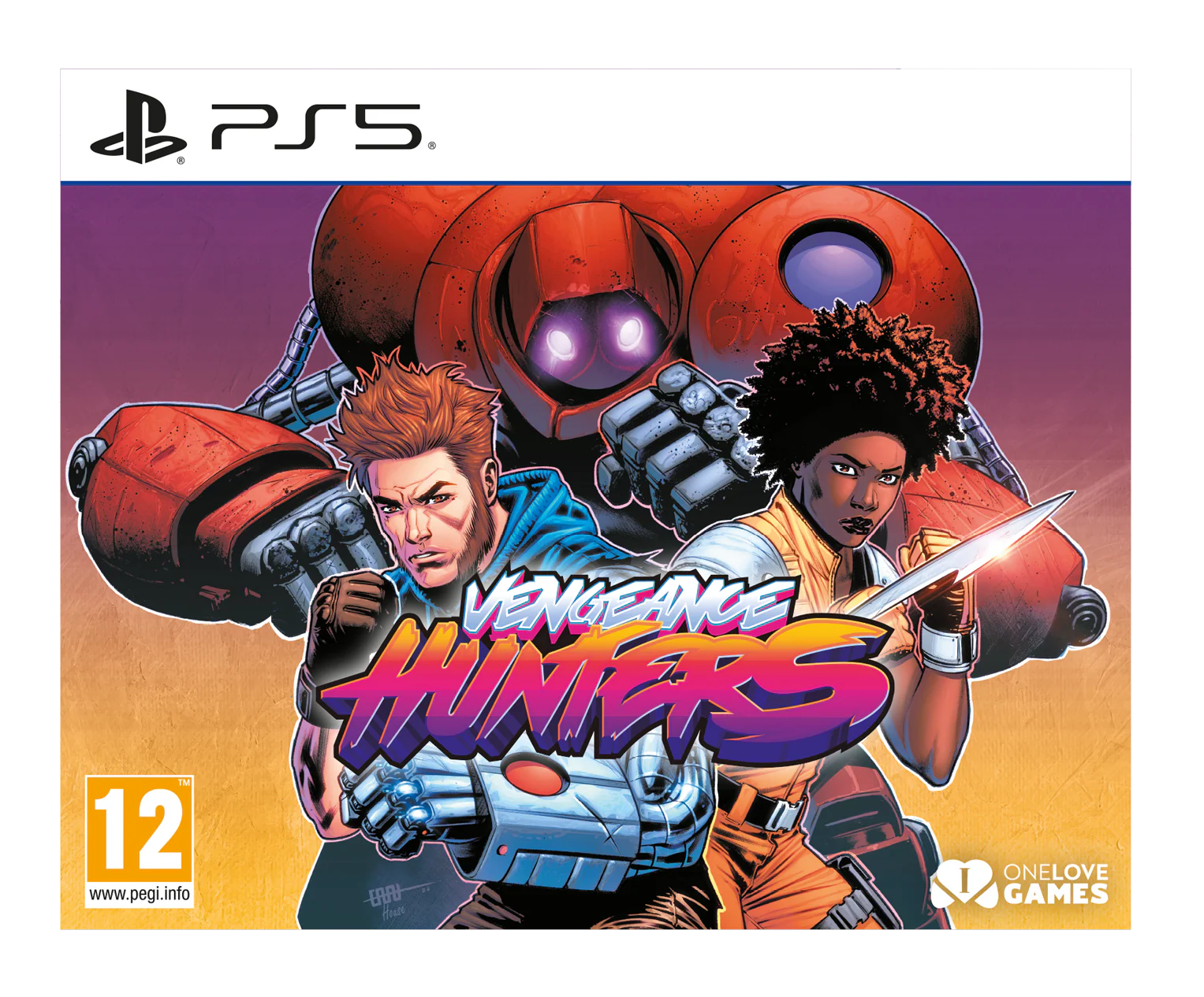 Game cover for 'Vengeance Hunters' with two characters and a large robot on a purple and orange background.